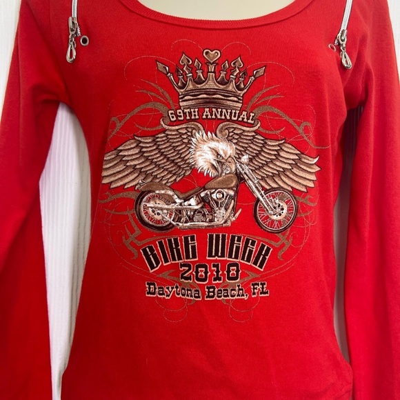 Biker Design - 2010 Bike Week Daytona Beach Florida Red Zipper Long Sleeve Top S - Picture 3 of 10